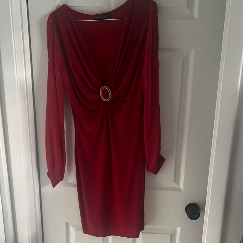 Red Sheath Long Sleeve Cowl Neck Dress